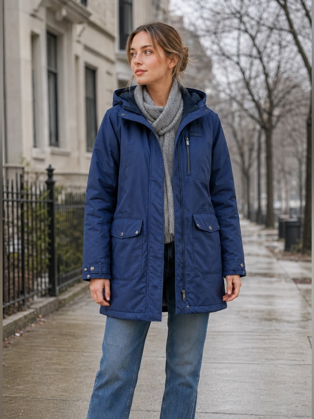 Columbia Omni-Heat Navy Faux Fur Trim Hooded Winter Parka Coat Snow Puffer XS